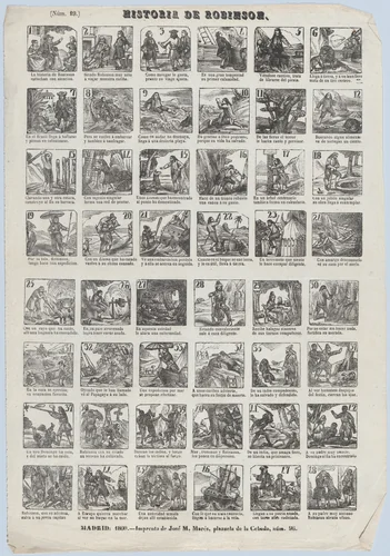 Broadside with 48 scenes showing the life of Robinson Caruso by José María Marés, print, 1860
