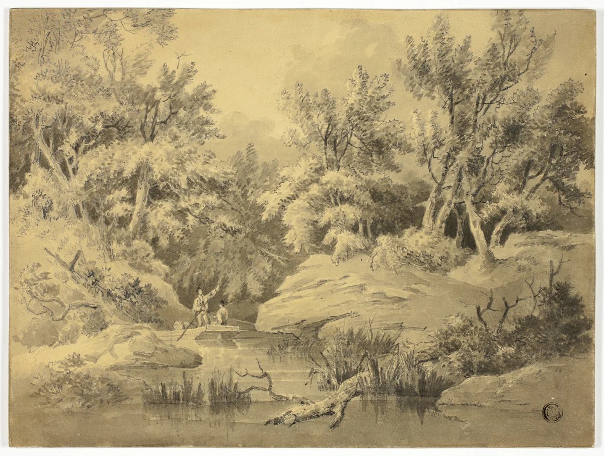 Two Figures Punting on Woodland Stream by William Henry Pyne, drawing, 1789-1843