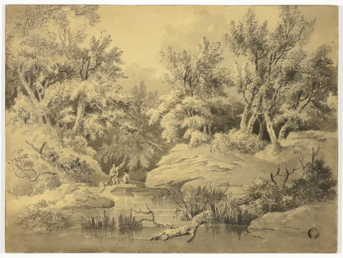 Two Figures Punting on Woodland Stream by William Henry Pyne, drawing, 1789-1843