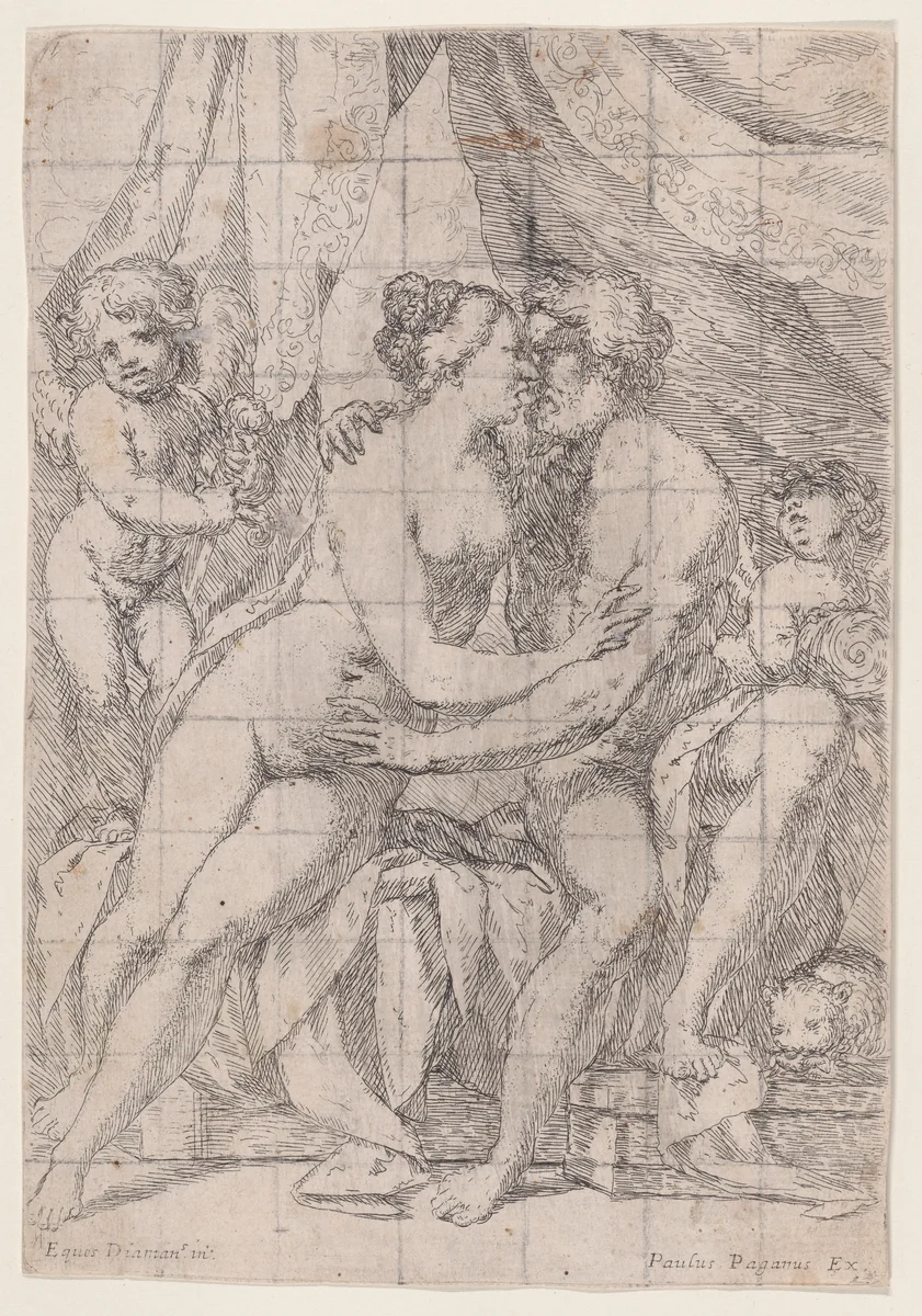 Venus and Mars embracing with a putto to either side by Giuseppe Diamantini, print, 1675-1685