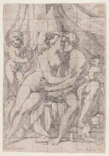 Venus and Mars embracing with a putto to either side by Giuseppe Diamantini, print, 1675-1685