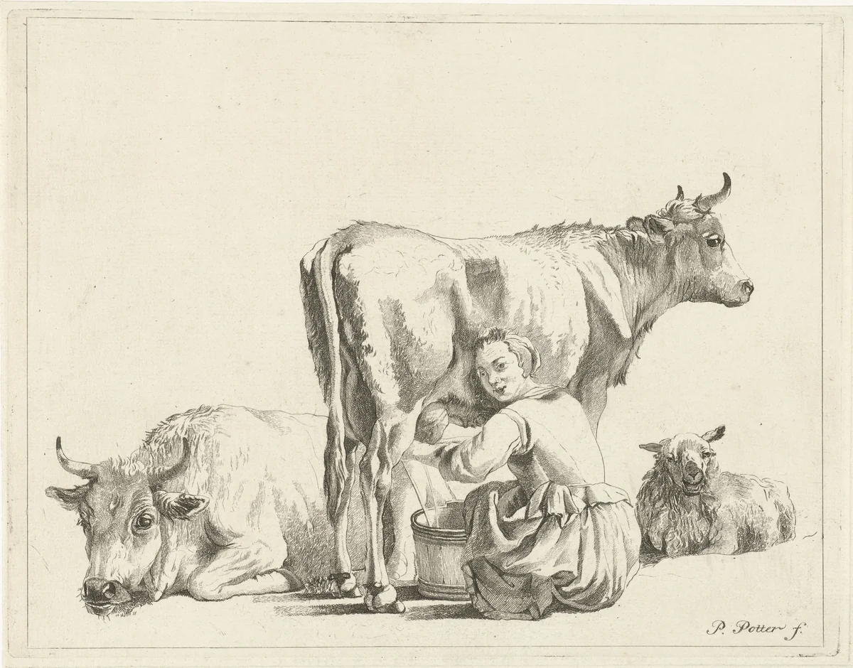 Melkmeid by Pieter de Mare, print, 1768-1796