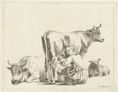 Melkmeid by Pieter de Mare, print, 1768-1796