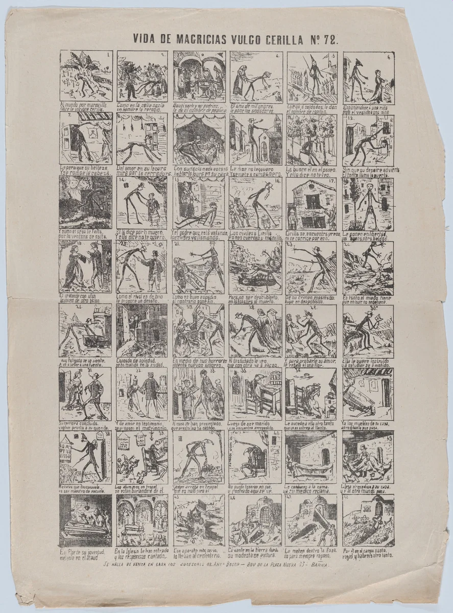 Broadside with 48 scenes depicting the life of Mr Thin by Antonio Bosch, print, 1868