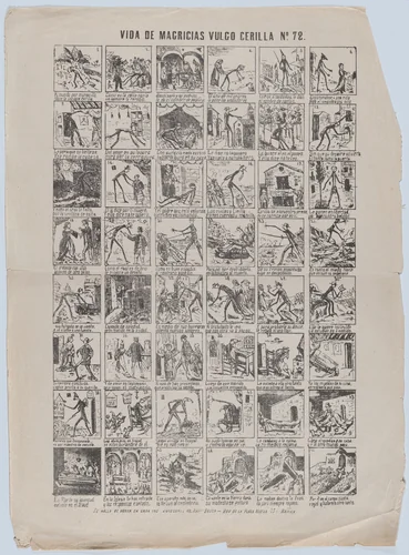 Broadside with 48 scenes depicting the life of Mr Thin by Antonio Bosch, print, 1868