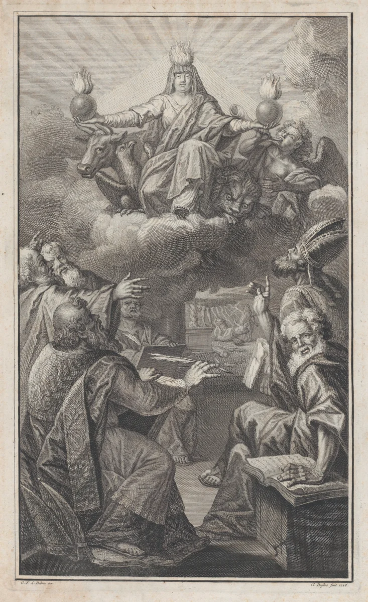Allegorical figure appearing on clouds overhead while a group of men gathered below look up in astonishment by Claude Augustin Duflos le Jeune, print, 1728