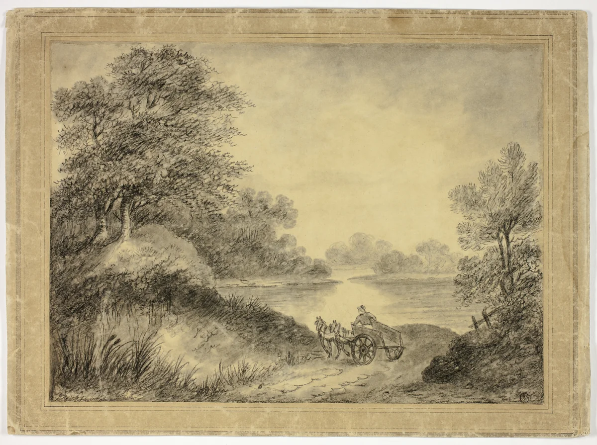 Man in Horse-Drawn Cart Beside Lake by Thomas Gainsborough, drawing, 1747-1788