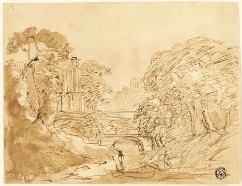 Landscape with Bridge and Ruins by Franz Kobell, drawing, 1769-1822
