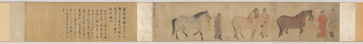 Three Horses and Four Grooms by Ren Renfa, painting, 1310-1327