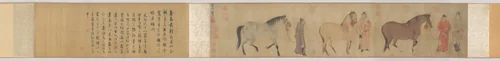 Three Horses and Four Grooms by Ren Renfa, painting, 1310-1327
