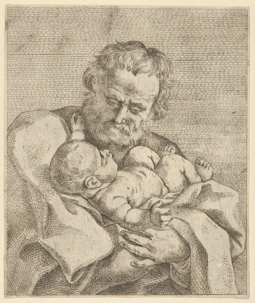 Saint Joseph holding the infant Christ by anonymous, print, 1600-1699