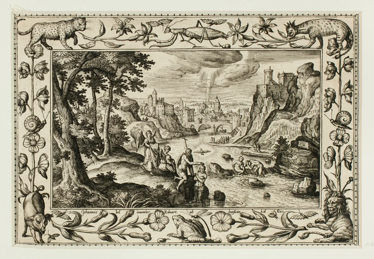 The Baptism of Christ, from Landscapes with Old and New Testament Scenes and Hunting Scenes by Adriaen Collaert, print, 1584