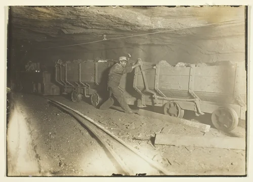 Untitled (Coal cars in mine) by Lewis Wickes Hine, photograph, 1908