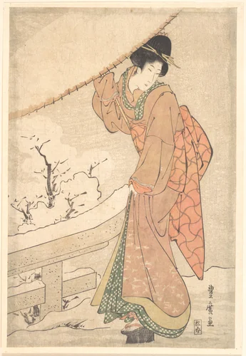 A Young Woman in a Snow Storm Carrying a Heavily Snow-Laden Umbrella by Utagawa Toyohiro (歌川豊広), print, 1792-1812