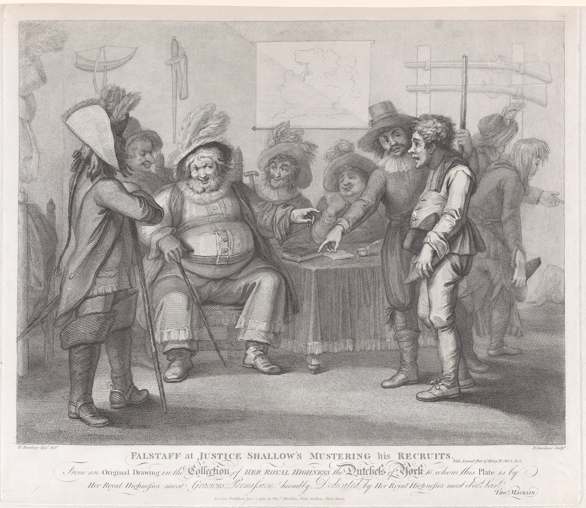 Falstaff at Justice Shallow's Mustering His Recruits (Shakespeare, Henry IV, Part II, Act 3, Scene 2) by William Nelson Gardiner, print, 1792