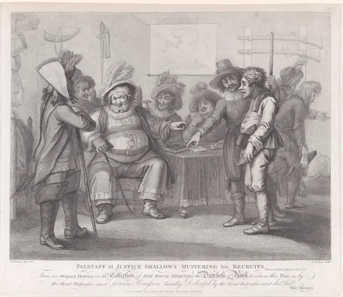 Falstaff at Justice Shallow's Mustering His Recruits (Shakespeare, Henry IV, Part II, Act 3, Scene 2) by William Nelson Gardiner, print, 1792