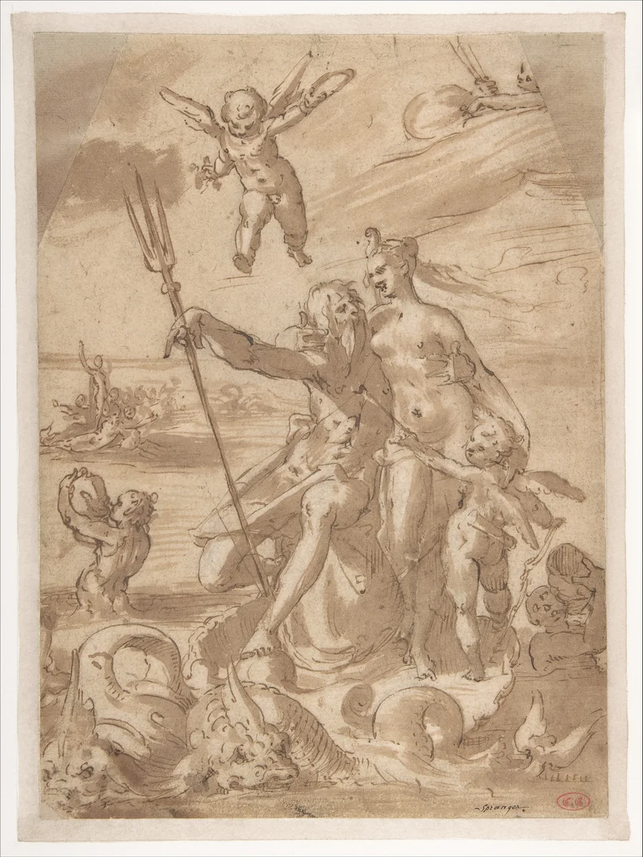 Neptune and Amphitrite by Bartholomeus Spranger, drawing, 1560-1611
