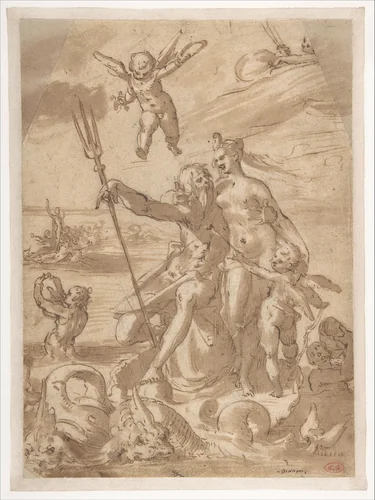 Neptune and Amphitrite by Bartholomeus Spranger, drawing, 1560-1611