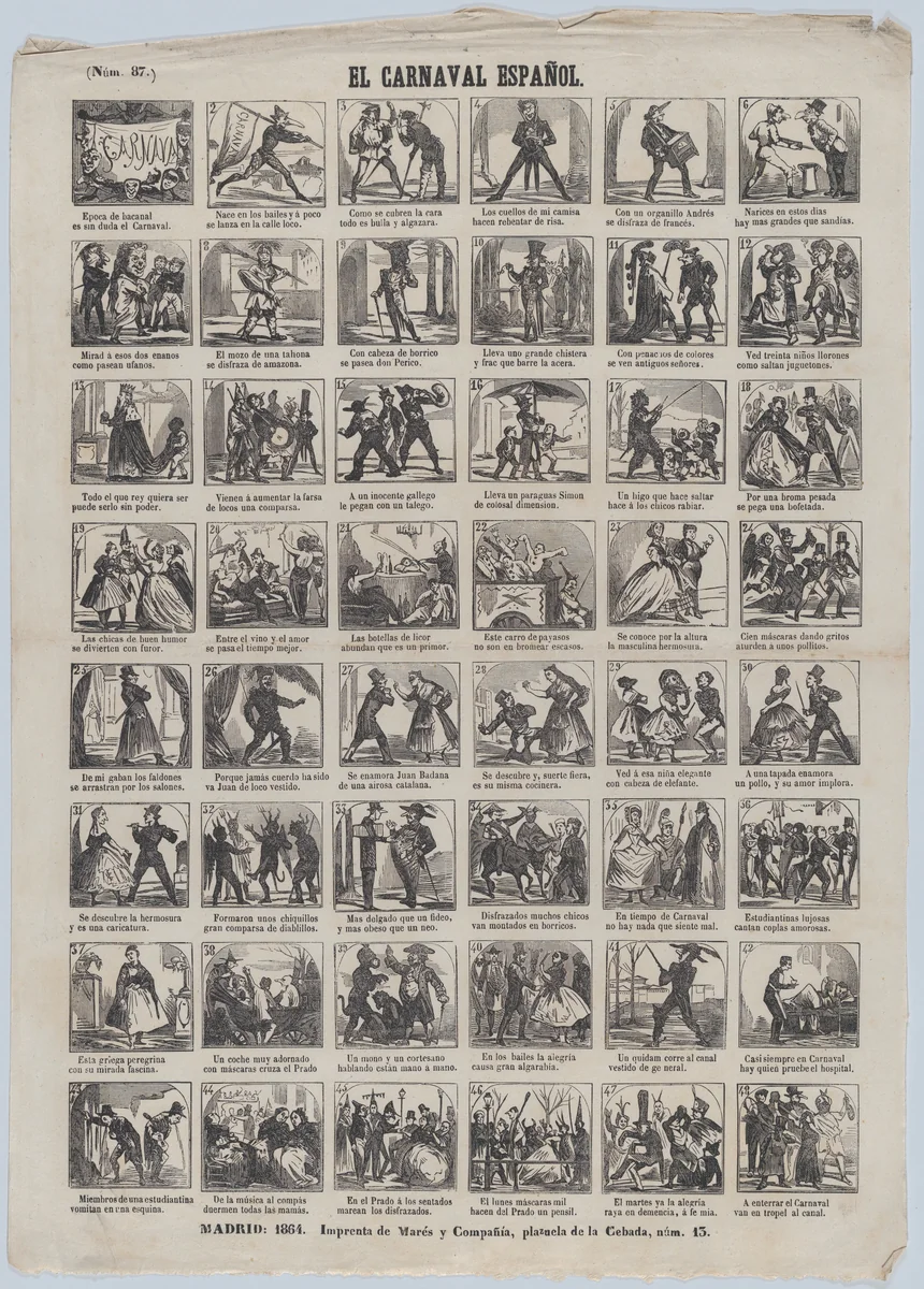 Broadside with 48 scenes depicting carnival in Spain by José María Marés, print, 1864