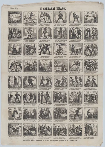 Broadside with 48 scenes depicting carnival in Spain by José María Marés, print, 1864