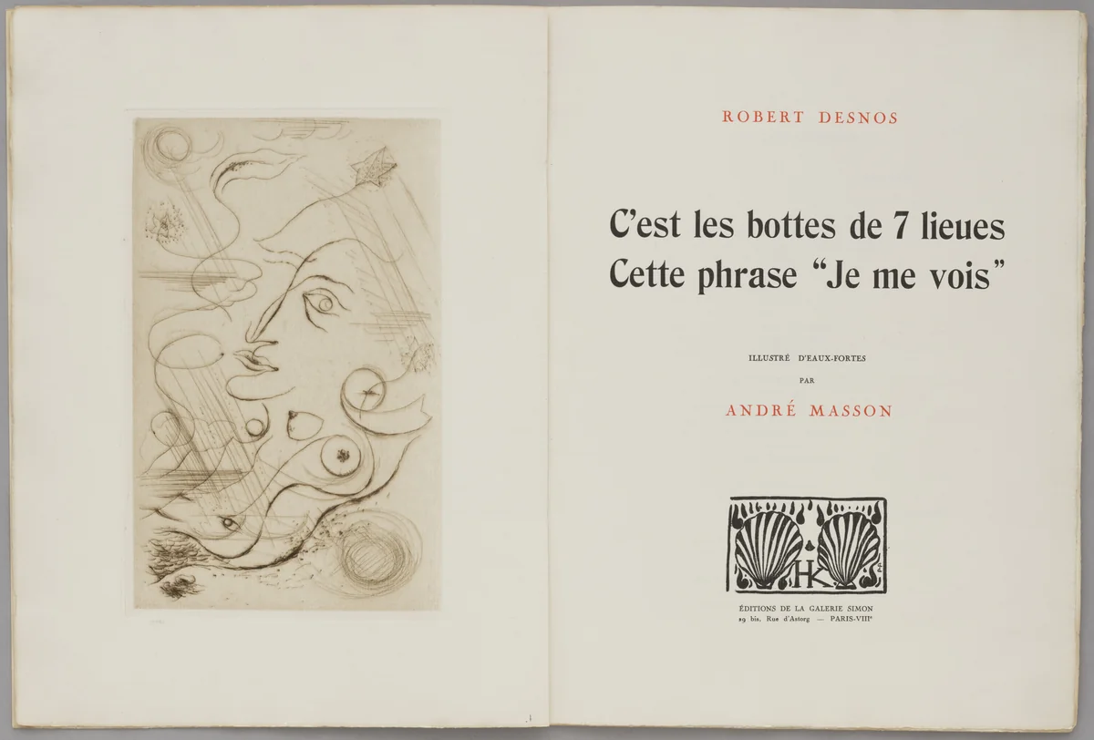 Portrait of Robert Desnos (frontispiece) from C'est les bottes de 7 lieues: Cette phrase "Je me vois" by André Masson, illustrated book, 1926