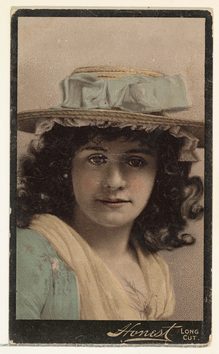 Actress wearing straw hat with blue ribbons, from Stars of the Stage, Third Series (N131) issued by Duke Sons & Co. to promote Honest Long Cut Tobacco by W. Duke, Sons & Co., print, 1891-1892