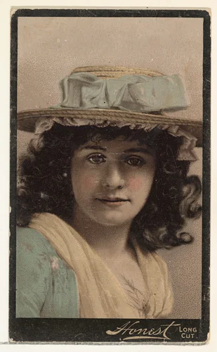 Actress wearing straw hat with blue ribbons, from Stars of the Stage, Third Series (N131) issued by Duke Sons & Co. to promote Honest Long Cut Tobacco by W. Duke, Sons & Co., print, 1891-1892