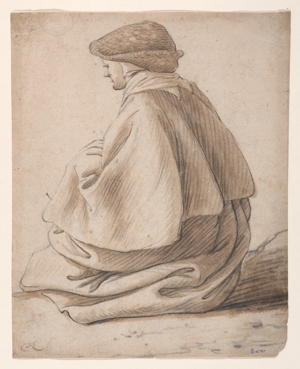 Study of a Seated Peasant Woman, Viewed from Behind and to the Left by Herman Saftleven II, drawing, 1629-1685