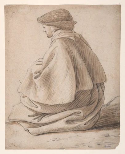 Study of a Seated Peasant Woman, Viewed from Behind and to the Left by Herman Saftleven II, drawing, 1629-1685