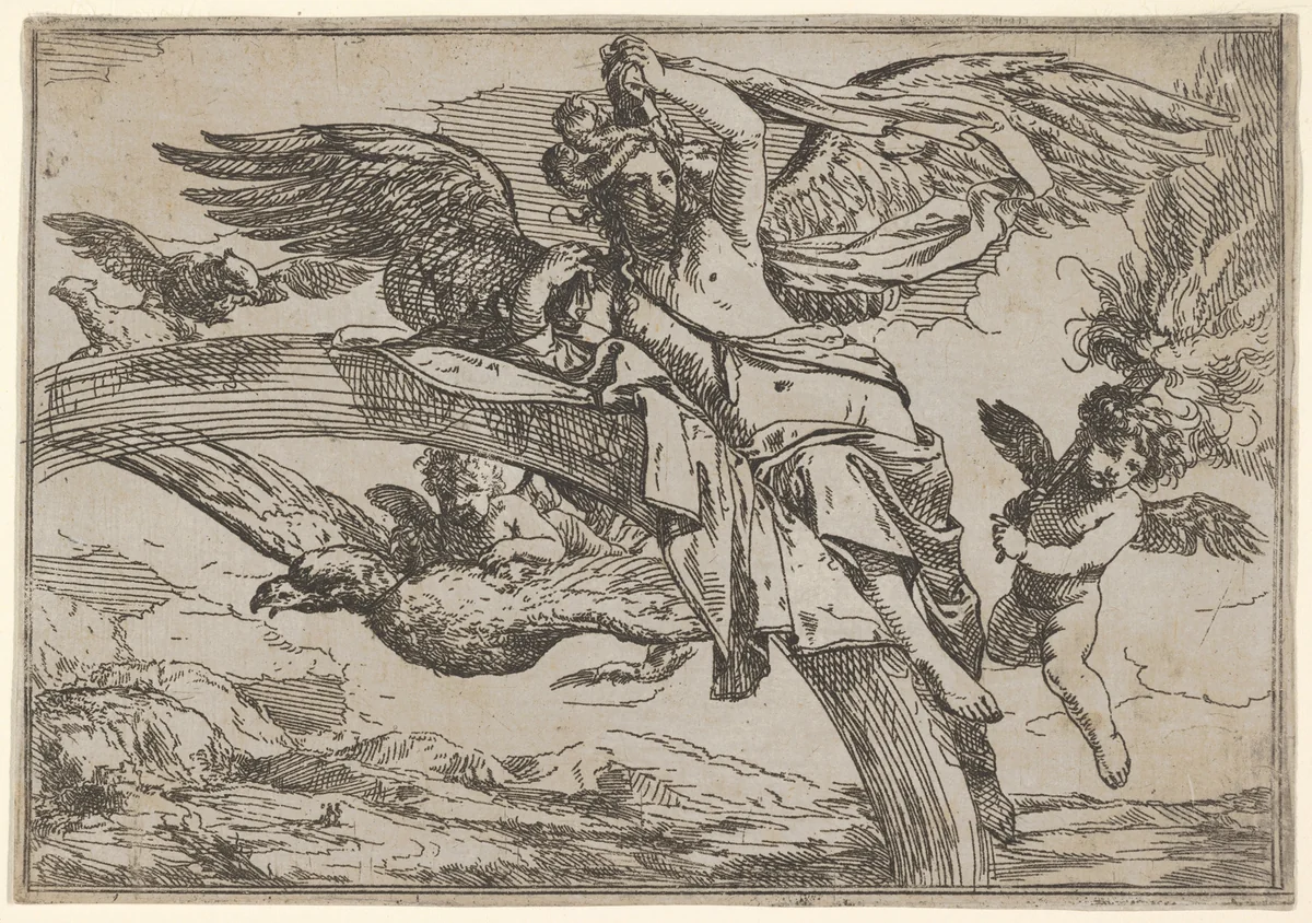 Air, represented by Iris reclining on her rainbow, accompanied by a winged putto bearing a torch and another winged putto riding an eagle, from "The Elements" by Giulio Carpioni, print, 1640-1660