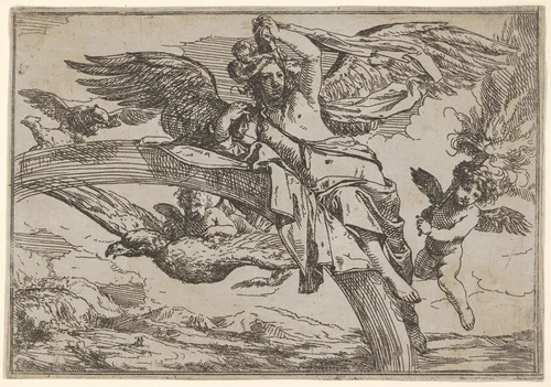 Air, represented by Iris reclining on her rainbow, accompanied by a winged putto bearing a torch and another winged putto riding an eagle, from "The Elements" by Giulio Carpioni, print, 1640-1660