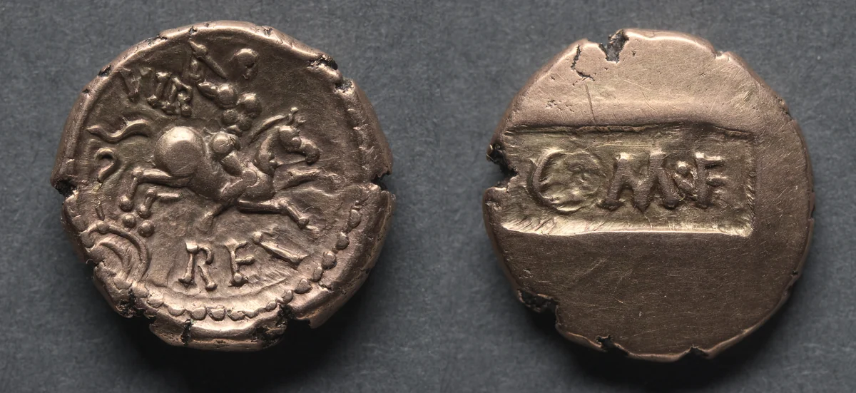 Verica Stater: Sunken Tablet (obverse); Horse and Rider (reverse) by Unknown, metalwork, 5-45