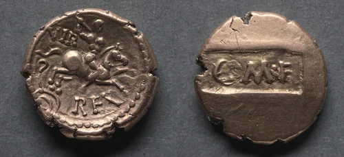 Verica Stater: Sunken Tablet (obverse); Horse and Rider (reverse) by Unknown, metalwork, 5-45