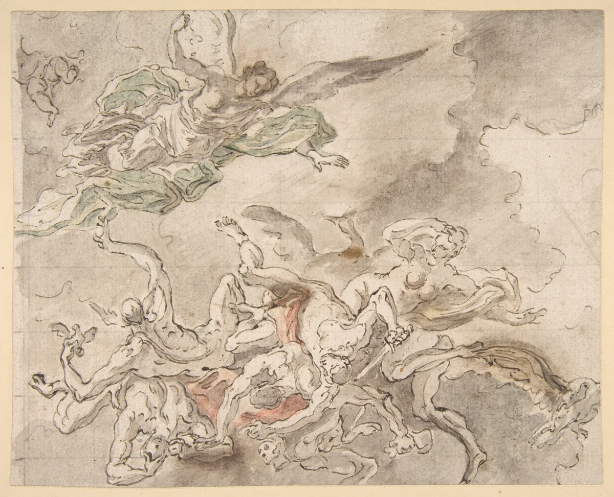 Study for the Fall of Simon Maqus, S. Paolo Maggiare, Naples by Francesco Solimena, drawing, 1690