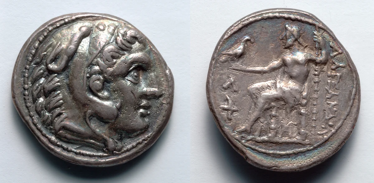 Tetradrachm: Head of Young Herakles (obverse); Zeus (reverse) by Unknown, metalwork, -336--323