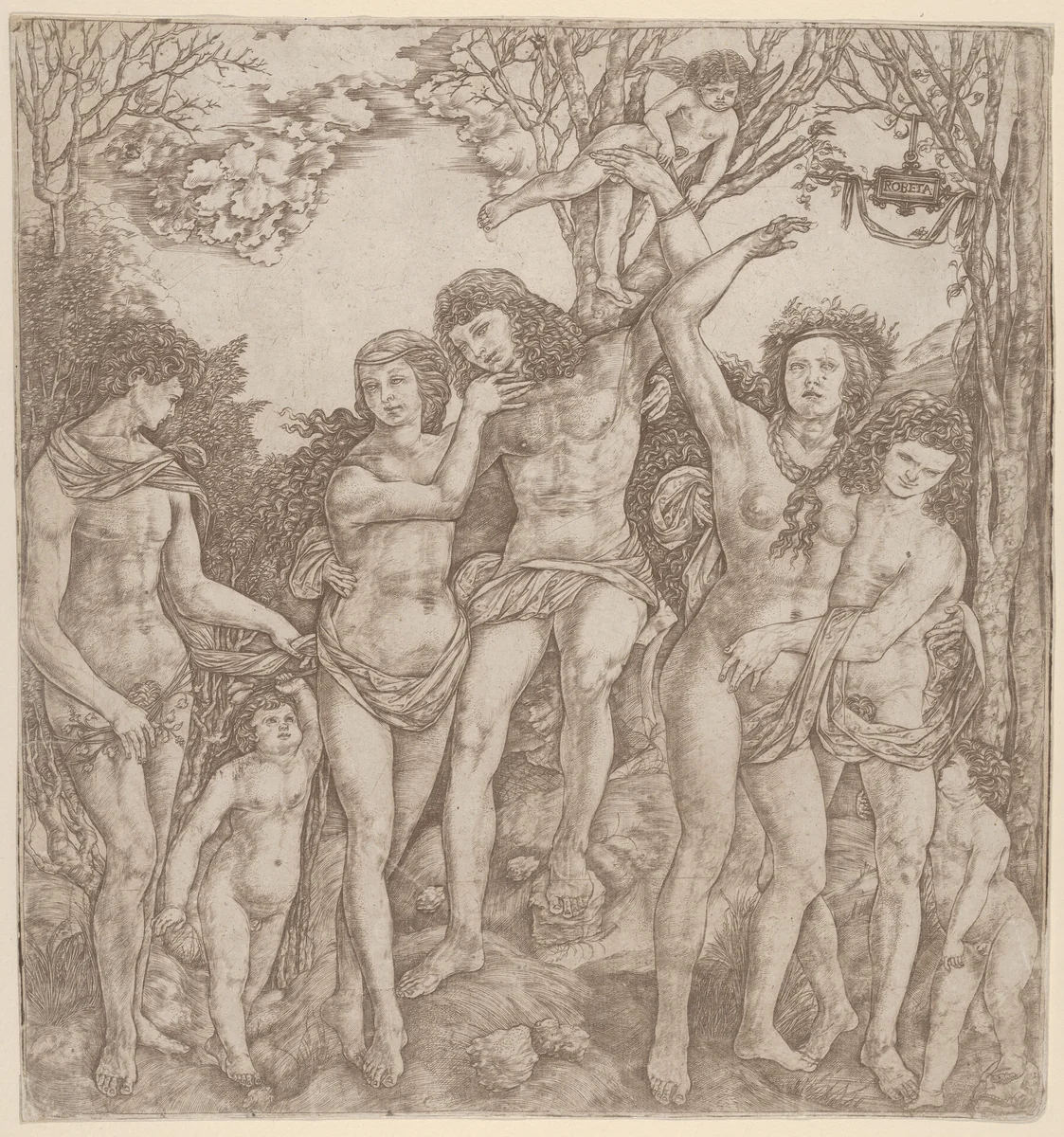 Allegory of the Power of Love, with a man at center embracing a semi-naked woman, who is bound to a tree by Cupid by Cristofano di Michele Martini, print, 1480-1535