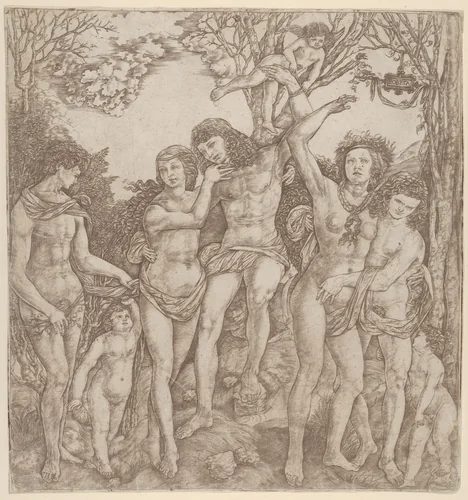 Allegory of the Power of Love, with a man at center embracing a semi-naked woman, who is bound to a tree by Cupid by Cristofano di Michele Martini, print, 1480-1535