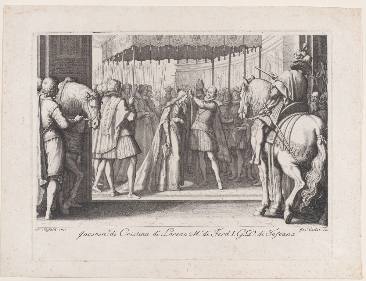Couronnement de La Grande Duchesse (The Coronation of the Grand Duchesse), from "La Vie de Ferdinand Ier de Médicis série appelée aussi Les Batailles des Médicis" (The Life of Ferdinand I de'Medici also called The Medici Battles) by Jacques Callot, print, 1614-1620