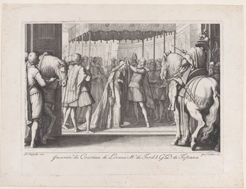 Couronnement de La Grande Duchesse (The Coronation of the Grand Duchesse), from "La Vie de Ferdinand Ier de Médicis série appelée aussi Les Batailles des Médicis" (The Life of Ferdinand I de'Medici also called The Medici Battles) by Jacques Callot, print, 1614-1620