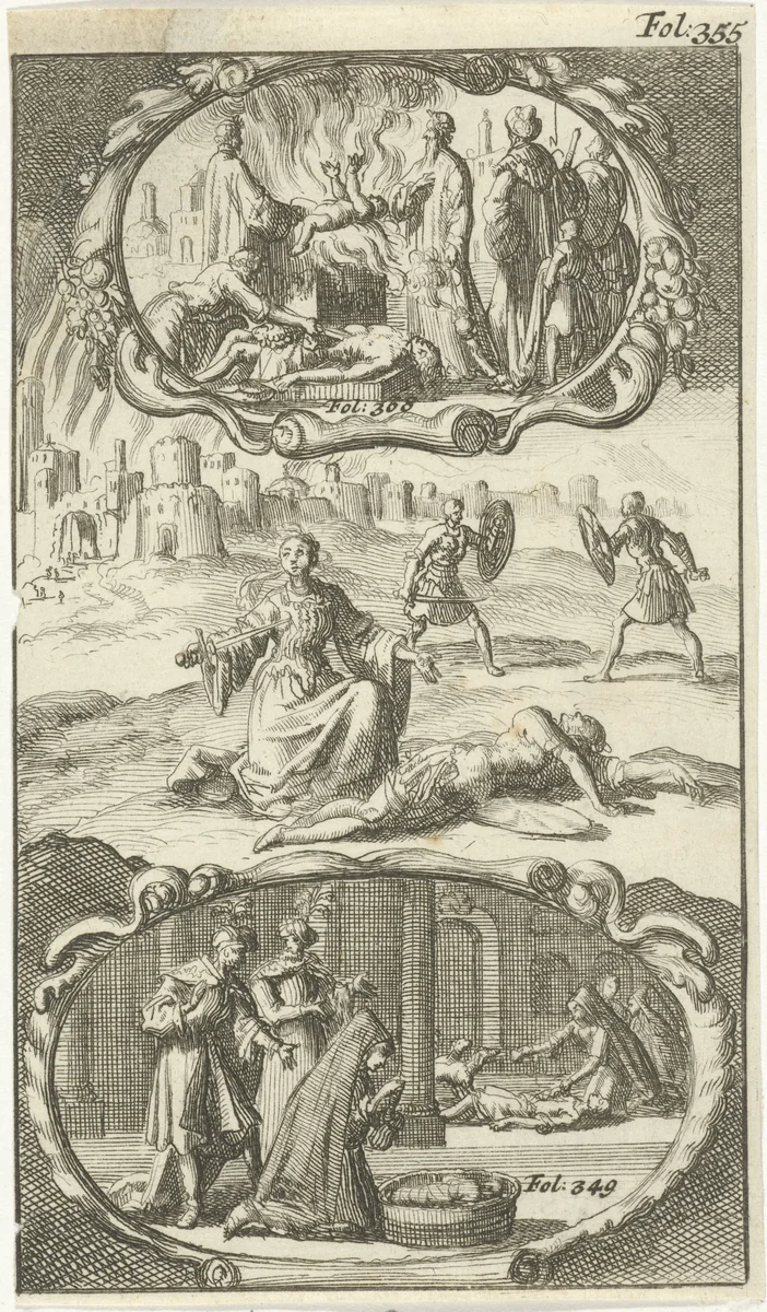 Jocaste doodt zichzelf / Levend kind wordt geofferd / Moeder van Thursines vindt haar zoon verdronken by Jan Luyken, print, 1687