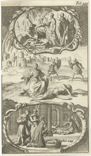 Jocaste doodt zichzelf / Levend kind wordt geofferd / Moeder van Thursines vindt haar zoon verdronken by Jan Luyken, print, 1687