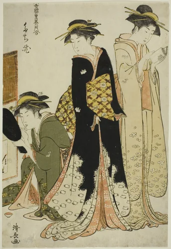 Entertainers of the Tachibana, from the series "A Collection of Contemporary Beauties of the Pleasure Quarters (Tosei yuri bijin awase)" by Torii Kiyonaga (鳥居清長), print, 1779-1789
