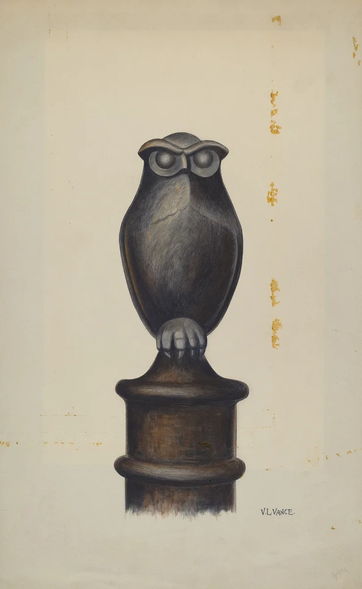 Cast Iron Owl Hitching Post by V.L. Vance, index of american design, 1937