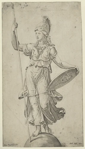 Pallas Athena standing on a globe, holding a spear in her left hand and her shield in her right by anonymous, print, 1515-1525