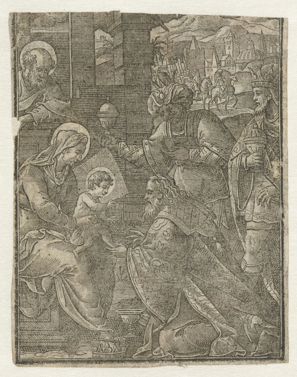 Aanbidding der Koningen by anonymous, print, 1500-1550