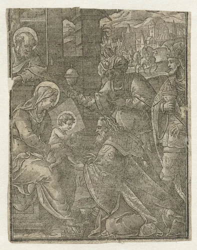 Aanbidding der Koningen by anonymous, print, 1500-1550