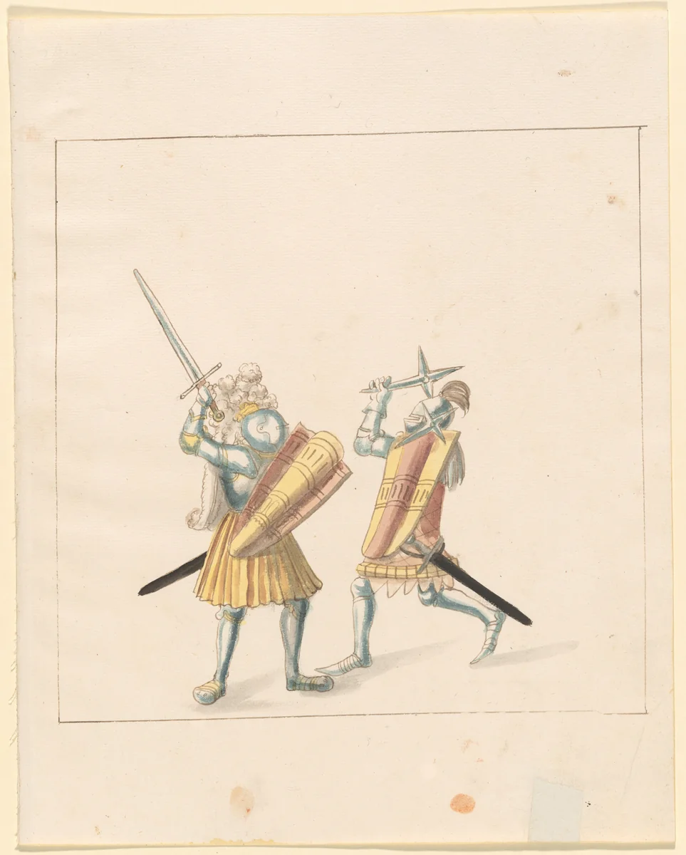 Foot Combat with Swords, Throwing Stars, and Shields (Tartschen) by German 16th Century, drawing, 1515