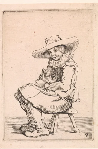 Zittende jongen met een poes op schoot by Cornelis Saftleven, print, 1645