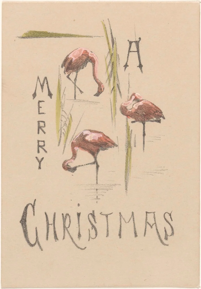 Kerstkaart met drie flamingo's by Theo van Hoytema, print, 1878-1917
