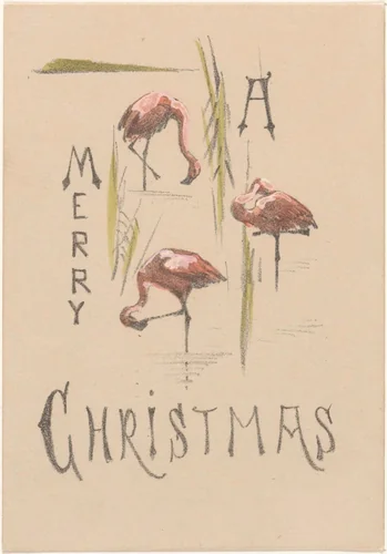 Kerstkaart met drie flamingo's by Theo van Hoytema, print, 1878-1917